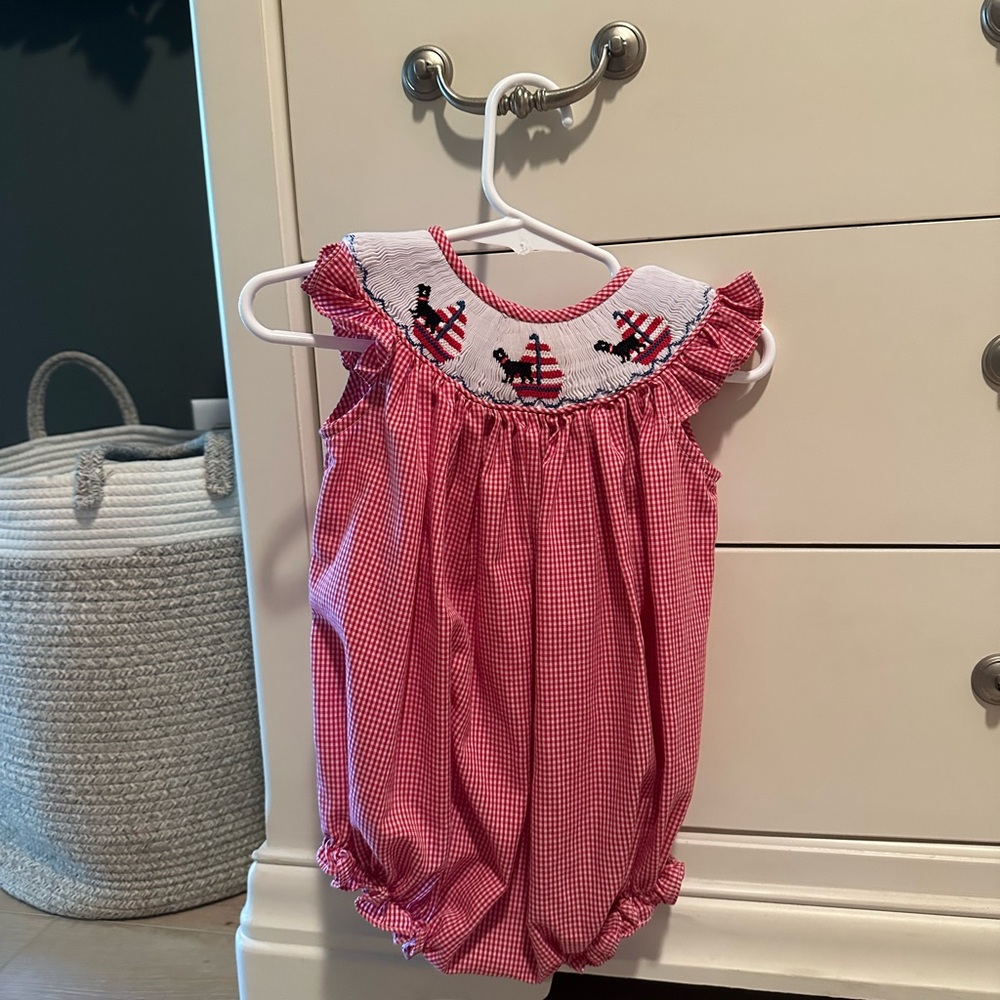 Red Gingham Baby Romper with Embroidered Sailboats